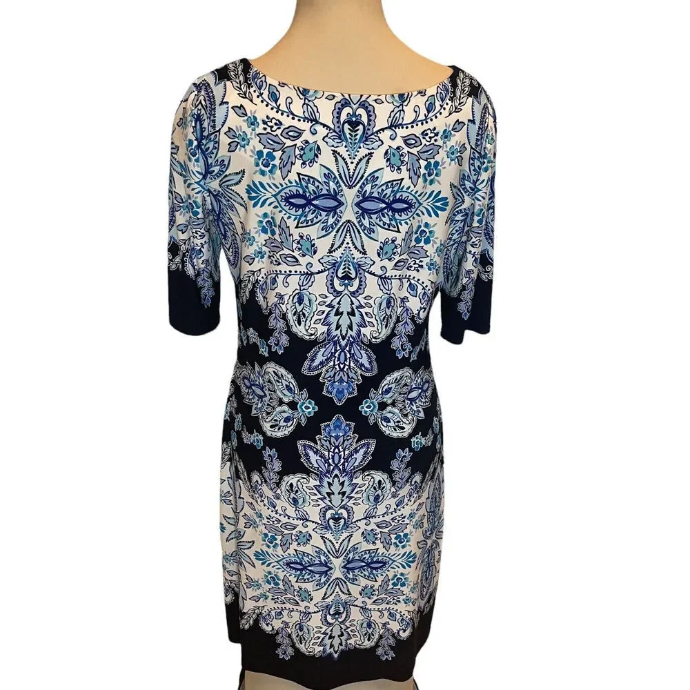 Eliza J Sheath Dress Women's Size 4 Print Blue Victorian Geom Pattern Crew‎ Neck